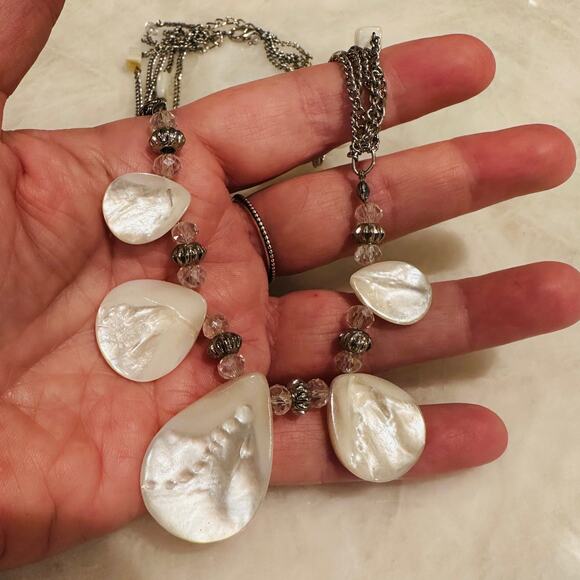 Silver-Tone Multi-Strand Necklace with Mother of Pearl Style Teardrop Drops - Picture 4 of 5